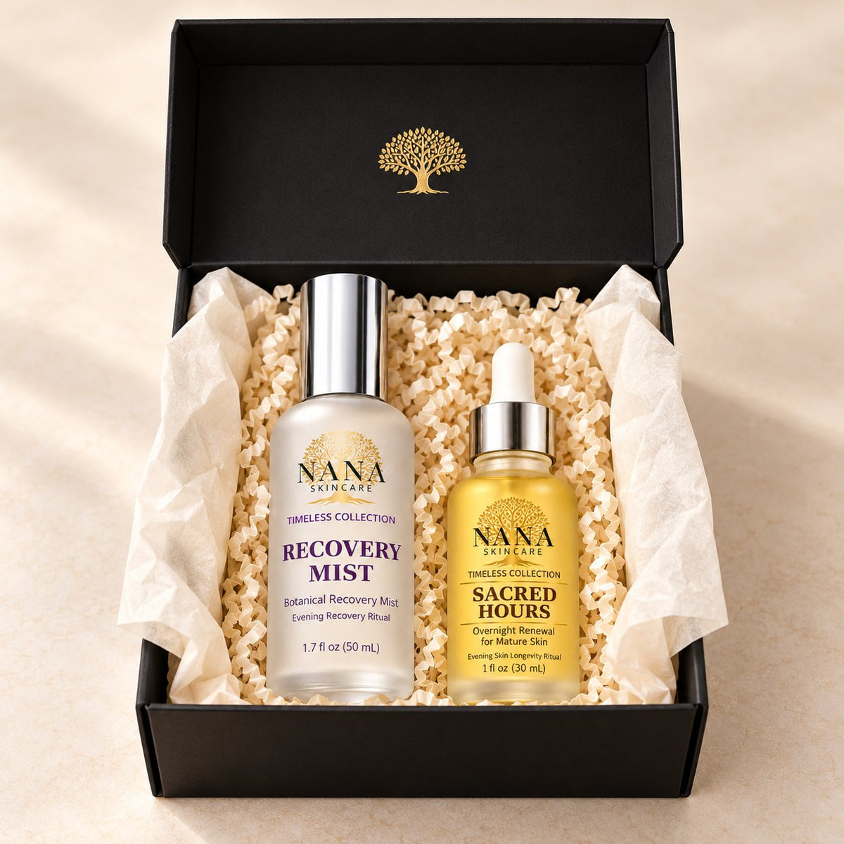 Evening Renewal Ritual: Recovery Mist 50 mL and Sacred Hours 30 mL in a Nana gift box