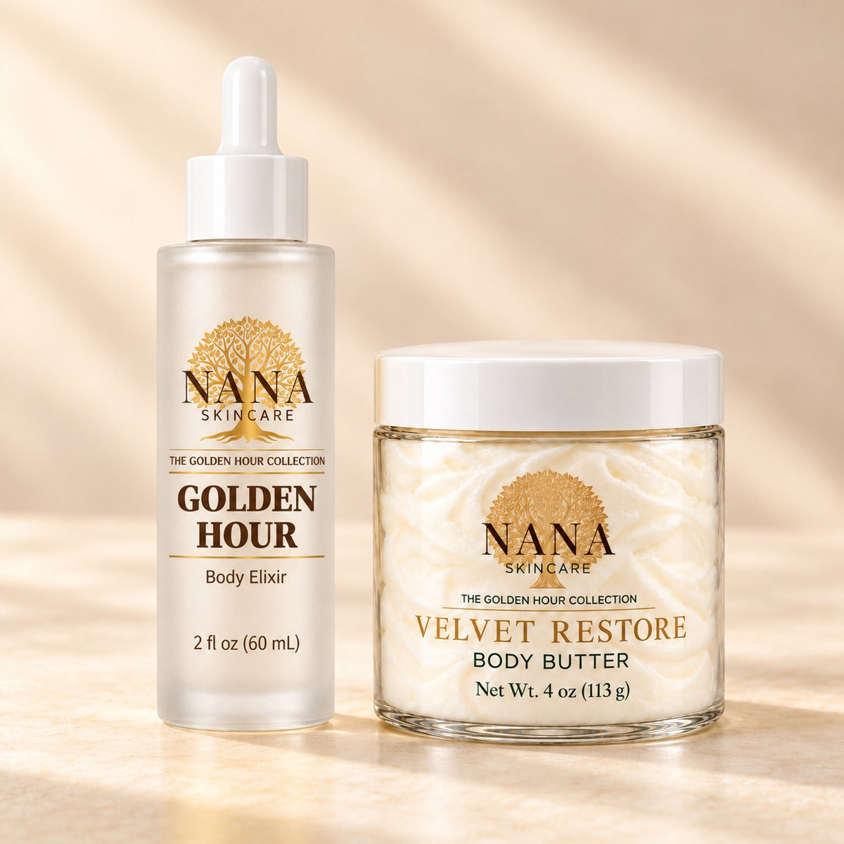 Nana Skincare Golden Hour Body Elixir and Velvet Restore Body Butter