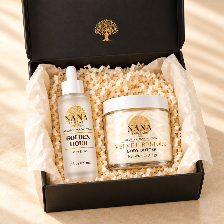 Golden Hour Body Ritual: Golden Hour Body Elixir 2 fl oz and Velvet Restore Body Butter 4 oz in a black Nana gift box