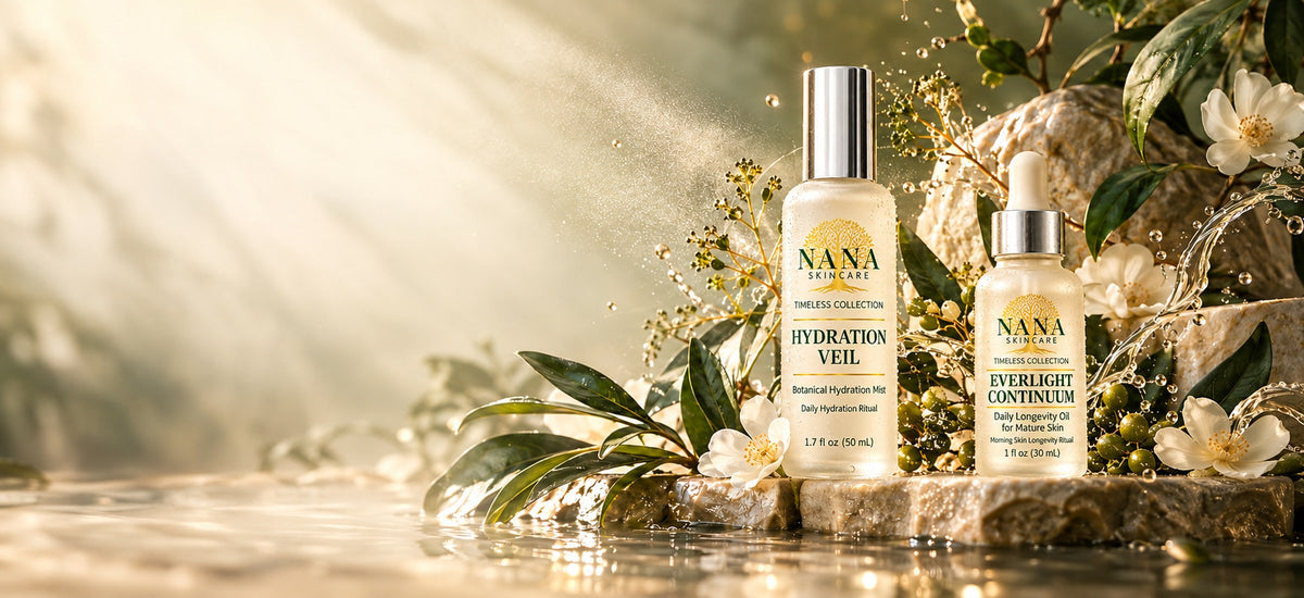 Nana Skincare Hydration Veil and Everlight Continuum among white blossoms and botanicals in morning light