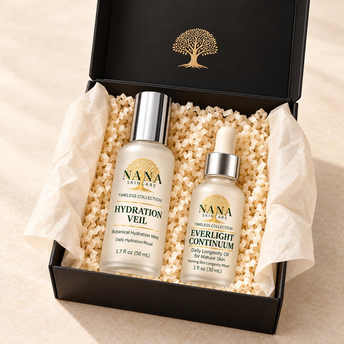 Morning Longevity Ritual: Hydration Veil 50 mL and Everlight Continuum 30 mL in a Nana gift box