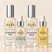 The four Timeless Collection essentials: Hydration Veil, Everlight Continuum, Recovery Mist and Sacred Hours