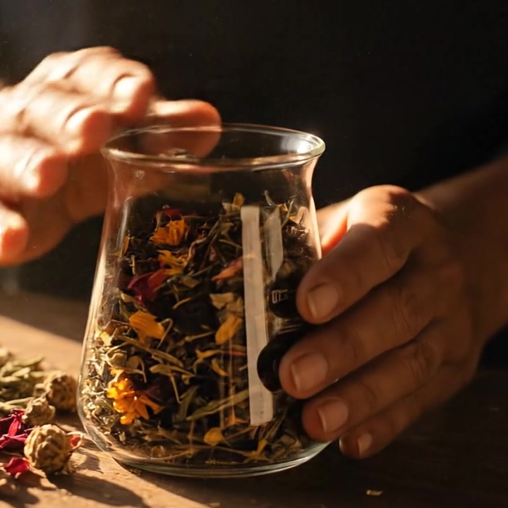 Hands blending dried botanicals into a glass jar